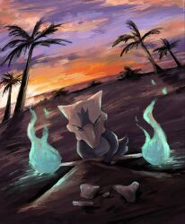  alolan_marowak beach blue_eyes blue_fire bone fire green_fire highres holding holding_bone looking_at_viewer no_humans ocean palm_tree panha pokemon pokemon_(creature) pokemon_focus skull_on_head sky solo sunset tree water 