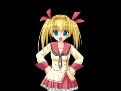  1girl 2000s_(style) black_background blonde_hair breasts collarbone cowboy_shot frilled_skirt frills green_eyes grey_neckerchief hair_between_eyes hair_intakes hair_ribbon hands_on_own_hips himemiya_eiko honoo_no_haramase_tenkousei large_variant_set long_sleeves looking_at_viewer medium_breasts medium_hair miniskirt miyasu_risa neckerchief open_mouth red_ribbon red_sailor_collar red_skirt ribbon sailor_collar sailor_shirt school_uniform serafuku shirt simple_background skirt solo standing surprised twintails variant_set wide-eyed yellow_serafuku 