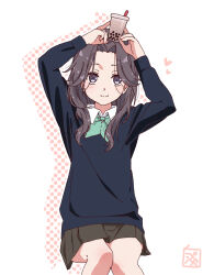  1girl 22/7 black_cardigan bow bowtie cardigan closed_mouth collared_shirt cup curtained_hair disposable_cup drinking_straw drop_shadow feet_out_of_frame green_bow green_bowtie grey_eyes grey_hair grey_skirt hands_up heart holding holding_cup long_hair long_sleeves looking_at_viewer miniskirt orihara_sumika parted_bangs pleated_skirt school_uniform shirt signature sitting skirt smile solo tanpaku_(oqu_2) wavy_hair white_background white_shirt 