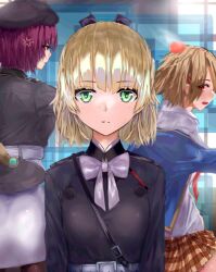  3girls anger_vein angry ass belt beret black_bow black_jacket black_shirt blonde_hair blue_jacket blush bow bowtie braid breasts brown_hair brown_skirt closed_mouth collared_shirt from_behind fuuka_koji green_eyes grey_belt grey_bow gun hair_bow hair_ornament hairclip hat head_bump heaven_burns_red highres jacket kayamori_ruka long_hair long_sleeves looking_at_viewer looking_back medium_hair military military_jacket military_uniform miniskirt multiple_girls nanase_nanami_(heaven_burns_red) necktie open_clothes open_jacket open_mouth pantyhose pencil_skirt plaid_clothes plaid_skirt pleated_skirt purple_hair red_eyes red_hair red_necktie ribbon school_uniform shirt short_hair sidelocks skirt small_breasts standing tezuka_saki upper_body weapon white_belt white_bow white_ribbon white_shirt white_skirt 