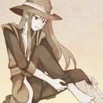  :d ayamisiro boots hat long_hair male open_mouth sepia shoe_removed single_shoe smile solo tales_of_(series) tales_of_vesperia yuri_lowell 