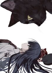  1girl animal black_cat black_eyes black_hair capelet cat expressionless eye_contact food from_side fruit highres kasukasugom1 long_hair looking_at_animal looking_at_another looking_up lying necktie on_back oversized_animal parted_lips pomegranate profile red_necktie school_uniform simple_background solo subarashiki_hibi takashima_zakuro upper_body white_background white_capelet 