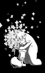  2019 2d 2others ambiguous_gender ankle_boots aoimomushi black_background boots brown_hair bug butterfly commentary creature digital_media double_horizontal_stripe duo english_commentary everyman_(undertale) frisk_(undertale) high_contrast horizontal-striped_clothes hug human monster multiple_others other_focus shirt short_hair shorts simple_background standing striped_clothes striped_shirt two-tone_shirt undertale utdr_(toby_fox) 