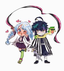  1boy 1girl :3 ahoge ajaw_(genshin_impact) bandage_on_face bandages black_hair blue_hair blush braid cocotsuko1204 cosplay covered_mouth demon_slayer_uniform genshin_impact green_eyes green_hair hair_between_eyes haori headband heart highres holding holding_sword holding_weapon iguro_obanai iguro_obanai_(cosplay) japanese_clothes kanroji_mitsuri kanroji_mitsuri_(cosplay) kimetsu_no_yaiba kinich_(genshin_impact) long_hair mualani_(genshin_impact) multicolored_hair one_eye_closed open_mouth purple_headband red_eyes sandals simple_background standing striped_clothes sword two-tone_hair v vertical-striped_clothes weapon whip_sword white_background white_hair zouri 
