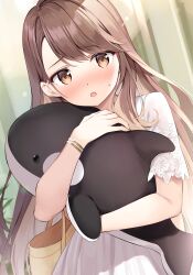  1girl absurdres bag blush bracelet brown_eyes brown_hair commentary_request dress earrings highres holding holding_stuffed_toy indoors jewelry long_hair looking_at_viewer mamiya_yurika official_art open_mouth oryo_(oryo04) ponkotsu_kawaii_mamiya-san second-party_source short_sleeves solo stud_earrings stuffed_toy stuffed_whale white_dress 