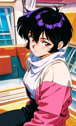 1girl 80s 90s black_hair brown_eyes jacket original pink_jacket retro_artstyle train umik046 