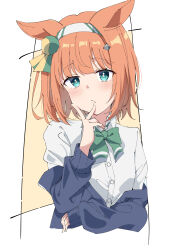  1girl absurdres alternate_hairstyle animal_ears blue_eyes blue_jacket blunt_bangs blush bow closed_mouth collared_shirt green_bow hair_ornament hairband highres horse_ears horse_girl jacket long_sleeves looking_at_viewer open_clothes open_jacket orange_hair pandoa_(mikage0495) shirt short_sleeves silence_suzuka_(umamusume) solo umamusume upper_body white_hairband white_shirt 