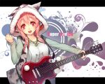  breasts bust cat_hood character_name clenched_hand electric_guitar guitar headphones hood hoodie instrument jewelry lvans necklace nitroplus open_mouth pink_eyes pink_hair red_eyes smile solo super_sonico 