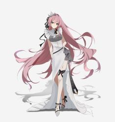  1girl absurdres ankle_ribbon aqua_eyes arms_behind_back asymmetrical_dress black_bow black_bowtie black_ribbon blush bow bowtie breasts collared_dress commentary crown dot_nose dress floating_hair full_body grey_dress grey_shoes hair_between_eyes hair_ribbon hand_on_own_arm head_tilt highres leg_ribbon light_smile long_hair looking_at_viewer medium_breasts megurine_luka miku_symphony_(vocaloid) official_alternate_costume pink_hair ribbon shen_jiu shoes short_sleeves side_slit sidelocks solo split_mouth standing thigh_ribbon train_(clothing) very_long_hair vocaloid white_background white_dress 