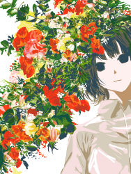  1girl abstract absurdres brown_hair collared_shirt colorful commentary empty_eyes expressionless flower foliage hair_flower hair_ornament highres looking_at_viewer medium_hair meola orange_flower original plant red_flower shirt solo white_background white_flower white_shirt yellow_flower 
