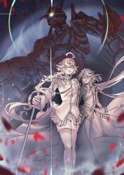  2girls ahoge artist_name cosplay dress epaulettes gundam gundam_aerial gundam_suisei_no_majo highres himemiya_anthy himemiya_anthy_(cosplay) holding holding_sword holding_weapon long_hair mecha military_uniform miorine_rembran monochrome multiple_girls petals robot roko_wt shoes shoujo_kakumei_utena skirt sky space star_(sky) starry_sky suletta_mercury sword tenjou_utena tenjou_utena_(cosplay) very_long_hair weapon 