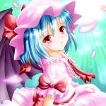  ascot bad_id bat_wings blouse blue_hair blush bow brooch frills from_above hat hat_bow highres jewelry looking_back petals red_eyes remilia_scarlet skirt smile solo sunbeam sunlight tamiteddoo_(teaspoon0204) touhou wings 