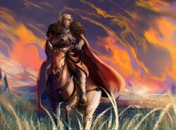  1boy absurdres armor auro_of_the_nine blonde_hair cape character_name distortion field flag full_body fur_collar grass hair_flowing_over highres holding holding_reins horseback_riding illithii male_focus mountainous_horizon outdoors red_cape reins riding shadow_slave short_hair solo sunset torn_flag 