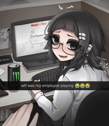  1girl absurdres arched_bangs black-framed_eyewear black_eyes black_hair can caption commentary computer_keyboard cross cross_earrings crying_emoji cubicle drink_can earrings emoji employee_uniform english_commentary english_text glasses hair_ornament hairclip highres indoors jewelry long_sleeves looking_at_viewer markiplier medium_hair mikuneki monitor monster_energy office open_mouth original parallel_hairclips pov pov_hands real_life riyo_kaede_(mikuneki) semi-rimless_eyewear shirt sitting small_sweatdrop smile solo_focus sound_effects twitching under-rim_eyewear video_game white_shirt window_(computing) 