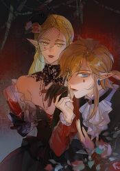  1boy 1girl absurdres alternate_costume ascot black_dress black_gloves black_jacket blonde_hair blue_eyes braid commentary couple cross-laced_clothes cross-laced_dress crown_braid cup dress ear_piercing flower gloves goth_fashion green_eyes hair_flower hair_ornament hetero highres holding holding_cup holding_hands jacket jiaocha_0219 link long_hair looking_at_another looking_at_viewer medium_hair off-shoulder_dress off_shoulder parted_lips piercing pointy_ears ponytail princess_zelda rose teardrop_facial_mark the_legend_of_zelda the_legend_of_zelda:_breath_of_the_wild white_ascot 