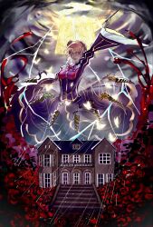  1girl beatrice_(umineko) black_dress blonde_hair blue_eyes braid commentary_request dress eyelashes flower highres holding holding_smoking_pipe lightning looking_at_viewer mansion rain red_flower red_rose rose sanliguilia smile smoking_pipe storm umineko_no_naku_koro_ni 