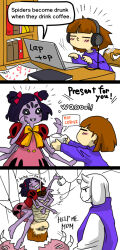  1girl 1other 2020 2d 2girls 3koma ambiguous_gender animal_ears anthro aoimomushi arachnid arthropod arthropod_girl at_computer black_sclera bookshelf bow brown_hair chair cocoon coffee colored_sclera comic commentary digital_media drink droopy_ears drunk english_commentary english_text extra_arms extra_eyes fangs female floppy_ears frisk_(undertale) furry furry_female goat goat_ears goat_girl goat_horns hair_bow headphones human laptop mammal monster monster_girl muffet multiple_girls paper purple_shirt purple_skin red_bow sequential shirt short_twintails simple_background sparkling_eyes speech_bubble spider spider_girl spider_web text tied_up_(nonsexual) toriel trio twintails undertale upside-down utdr_(toby_fox) white_background wrapped_up 