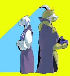  1boy 2019 2d animal_ears anthro aqua_background armor asgore_dreemurr back-to-back barefoot beard blonde_hair cloak colored_shadow commentary cropped_legs crown delta_rune_(symbol) delta_rune_print digital_media droopy_ears duo facial_hair fangs floppy_ears from_side furry furry_female furry_male goat goat_boy goat_ears goat_girl goat_horns holding holding_watering_can horns husband_and_wife korean_commentary long_sleeves m male mammal monster monster_boy monster_girl own_hands_together pauldrons profile purple_cloak purple_robe robe simple_background standing toriel two-tone_background undertale untel_soup utdr_(toby_fox) watering_can white_fur white_horns yellow_background 