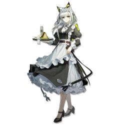 1girl alternate_costume animal_ear_fluff animal_ears apron arknights arm_belt belt belt_pouch black_dress black_shoes bow bowtie brown_belt buttons cat_ears cat_girl champagne_flute closed_mouth clothes_lift collared_dress cup dress drinking_glass enmaided five-fall flower food frilled_apron frilled_skirt frills full_body green_eyes green_hair green_nails highres holding holding_tray kal&#039;tsit_(arknights) kal&#039;tsit_(the_remains_of_time)_(arknights) layered_dress lifting_own_clothes long_hair long_skirt looking_at_viewer maid maid_apron maid_headdress mary_janes nail_polish official_alternate_costume official_art plate pouch puffy_sleeves rhodes_island_logo_(arknights) shoes side_slit sidelocks simple_background skirt skirt_lift solo standing third-party_source transparent_background tray two-tone_dress white_apron white_belt white_bow white_bowtie white_dress white_flower zipper_skirt 