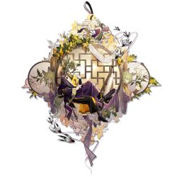  1boy absurdres ahoge animal_ears ankle_belt arknights asymmetrical_clothes belt bird bird_on_hand black_belt black_boots black_hair boots check_clothing chinese_clothes choko_(cup) clothing_request coat collared_shirt crane_(animal) cup dusk_beauty_(arknights) earrings embroidery_hoop eyeliner figurino_(arknights) figurino_(autumn_shadow)_(arknights) five-fall flower fluff full_body green_eyes hair_between_eyes hair_ornament hair_stick hanfu highres holding holding_cloth holding_cup holding_scissors jewelry lattice leaf long_sleeves looking_at_viewer makeup medium_hair mountain multiple_moons multiple_views necktie notched_ear official_alternate_costume official_art open_clothes open_robe open_window ponytail purple_belt purple_eyeliner purple_robe rabbit rabbit_ears rabbit_girl robe round_window ruler scissors shirt side_slit single_bracer sitting smile solo swallow_(bird) tassel tassel_earrings third-party_source thread transparent_background white_shirt window wolf wolf_boy wolf_ears xiangyun yellow_coat yellow_flower yellow_necktie 