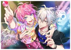  2boys adam's_apple ahoge amemura_ramuda antenna_hair aohitsugi_samatoki arm_around_shoulder arm_up bad_id bad_twitter_id bead_bracelet beads black_pants black_shirt blue_eyes blue_shirt border bracelet candy chain chain_necklace collarbone commentary_request cowlick ear_piercing earrings fingernails floating_clothes food foreshortening from_above glint gradient_hair grin group_name hair_between_eyes hand_on_another's_chest hand_up holding holding_candy holding_food holding_lollipop holding_removed_eyewear hypnosis_mic jewelry kitamiya_mt lapels lifting_person lollipop long_sleeves looking_at_viewer male_focus multicolored_hair multicolored_shirt multiple_boys multiple_bracelets multiple_necklaces necklace notched_lapels official_style open_clothes open_mouth open_shirt outstretched_arm pants parted_bangs piercing pink_hair pink_pants pink_shoes plaid_clothes plaid_pants print_shirt purple_hair raised_eyebrows red_eyes removing_eyewear shirt shoes short_hair short_sleeves sidelocks silver_necklace skull skull_necklace smile stage_lights star_(symbol) twitter_username unworn_eyewear v-shaped_eyebrows white_border white_hair 