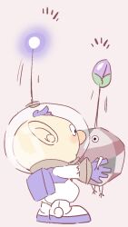  1boy alph_(pikmin) backpack bag black_eyes black_skin blue_bag blue_gloves blue_hair bud colored_skin commentary_request creature full_body gloves grey_background heads_together helmet holding holding_creature light_blush looking_at_creature male_focus motion_lines nandovo notice_lines pikmin_(creature) pikmin_(series) pointy_ears radio_antenna rock rock_pikmin short_hair simple_background space_helmet spacesuit standing surprised very_short_hair 