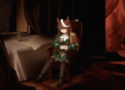  1girl animal_ears brown_hair chair epaulettes expressionless fine_art_parody highres horse_ears horse_girl long_hair multicolored_hair ngmq parody shaded_face single_epaulette sitting solo stanczyk_(painting) streaked_hair symboli_rudolf_(umamusume) thigh-highs umamusume very_long_hair 