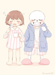  1boy 1other 2023 2d ambiguous_gender artist_name barefoot blue_coat blue_hood brown_hair brushing_teeth cacaonibs00 child coat cup digital_media duo frisk_(undertale) full_body hand_in_pocket holding holding_cup holding_toothbrush hood hood_down hooded_jacket human humanoid male monster monster_boy open_clothes open_coat open_mouth pajamas pink_slippers pink_stripes sans_(undertale) shirt short_hair shorts side-by-side simple_background skeleton slippers socks standing straight-on striped_clothes striped_pajamas striped_shorts teeth toothbrush twitter_username two-tone_pajamas two-tone_shorts undead undertale utdr_(toby_fox) vertical-striped_clothes vertical-striped_shorts white_background white_pajamas white_shirt white_shorts white_socks 