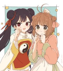  2girls :d antenna_hair black_hair blue_background blush border brown_hair cardcaptor_sakura closed_mouth commentary_request cowboy_shot double_bun green_eyes hair_bun hair_ribbon hand_up hands_up highres kinomoto_sakura li_meiling long_hair long_sleeves looking_at_viewer mizu_0401 multiple_girls open_mouth outside_border pink_ribbon pink_shirt red_eyes red_ribbon ribbon shirt short_hair shorts simple_background skirt smile star_(symbol) white_border white_shirt white_shorts white_skirt 