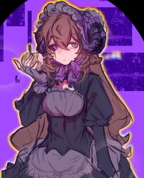  1girl animal_ears animification apple black_bonnet black_dress black_sclera bonnet bow brown_hair chinese_commentary colored_sclera commentary_request dress expressionless flower food fruit genderswap genderswap_(mtf) glitch gothic_lolita green_eyes hair_flower hair_ornament heterochromia highres holding holding_food holding_fruit horns itzsubz juliet_sleeves lifesteal_smp lolita_fashion long_hair long_sleeves looking_at_viewer michael28472610 minecraft_youtube mismatched_sclera puffy_sleeves purple_bow purple_flower sheep_ears sheep_girl sheep_horns solo very_long_hair violet_eyes 