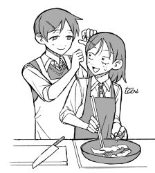  2girls :d absurdres alternate_hairstyle apron blush borrowed_accessory chopsticks collared_shirt commentary_request cooking cutting_board denai_tetsuo dress_shirt frying_pan futsuu_no_keion-bu greyscale hair_ornament hairpin hands_up hatono_chihiro highres holding holding_chopsticks holding_frying_pan kitchen_knife knife kouyama_rin looking_at_another medium_hair monochrome multiple_girls neck_ribbon pixie_cut ribbon shirt short_hair simple_background sleeves_rolled_up small_sweatdrop smile sweater_vest upper_body white_background 