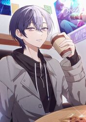  1boy aoyagi_touya blue_eyes blue_hair break_down_the_wall_(project_sekai) commentary_request cookie cup disposable_cup drawstring ear_piercing fingernails food grey_jacket hair_between_eyes hand_up highres holding holding_cup holding_microphone jacket long_sleeves looking_at_viewer male_focus microphone mole mole_under_eye multicolored_hair open_clothes open_jacket parted_lips piercing poster_(object) project_sekai short_hair smile solo sparkle split-color_hair two-tone_hair upper_body uu_(yus18281881) zipper zipper_pull_tab 