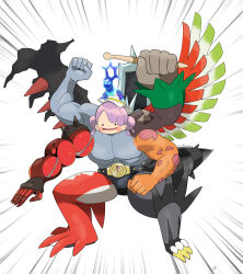  ._. arms_up baxcalibur belt blush buzzwole clenched_hands commentary_request ditto drumsticks emphasis_lines extra_arms female_protagonist_(pokemon_pokopia) full_body fusion giratina giratina_(altered) glassy0302 hat highres ho-oh holding holding_drumsticks koraidon landorus landorus_(incarnate) machamp muscular open_mouth pokemon pokemon_(creature) pokemon_focus pokemon_pokopia purple_hair rillaboom simple_background smile solo standing tail terapagos terapagos_(stellar) transformed_ditto twintails urshifu urshifu_(single) white_background white_hat wings zekrom 