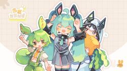  3girls :d ahoge arms_up bare_shoulders black_sleeves black_thighhighs blue_hair blue_necktie blush_stickers carrot cevio closed_eyes collared_shirt commentary cowboy_shot detached_sleeves double_v food green_hair green_shorts grey_background grey_shirt grey_skirt grid_background hatsune_miku holding holding_food kafu_(cevio) long_hair long_sleeves midriff miniskirt multiple_girls navel necktie number_tattoo open_mouth orange_necktie outline pleated_skirt shirt short_sleeves shorts shoulder_tattoo signature skirt sleeveless sleeveless_shirt smile suspender_shorts suspenders tabunnanhun tattoo thigh-highs twintails v vocaloid voicevox white_outline white_shirt zettai_ryouiki zundamon 