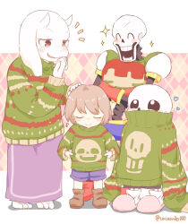  1girl 1other 2022 2boys 2d ^_^ ambiguous_gender animal_ears ankle_boots anthro armor artist_name barefoot black_shorts blue_shorts boots brothers brown_boots brown_hair cacaonibs00 cape character_print child christmas christmas_sweater closed_eyes covered_mouth digital_media droopy_ears fangs female floppy_ears frisk_(undertale) full_body furry furry_female gloves goat goat_ears goat_girl goat_horns green_sweater heart height_difference hollow_eyes horizontal-striped_clothes horns human humanoid male mammal monster monster_boy monster_girl multiple_boys notice_lines oversized_clothes papyrus_(undertale) pink_slippers purple_robe red_boots red_cape red_gloves robe sans_(undertale) shirt short_hair shorts siblings simple_background single_vertical_stripe skeleton slippers socks sparkle striped_clothes striped_shorts striped_sweater sweater teeth toriel twitter_username undead undersized_clothes undertale utdr_(toby_fox) vertical-striped_clothes vertical-striped_shorts white_armor white_background white_fur white_horns white_socks white_stripes 