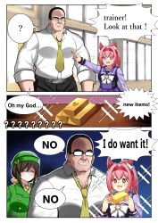  absurdres animal_ears aramori_susumu bow bowler_hat buttons double-breasted ear_bow ear_covers false_smile flower-shaped_pupils flower_in_eye gold_bar green_hat green_jacket haru_urara_(umamusume) hat hayakawa_tazuna headband highres horse_ears horse_girl horse_tail horseshoe_hat_ornament horseshoe_ornament jacket metal_gear_(series) metal_gear_rising:_revengeance necktie pink_hair pink_headband red_headband school_uniform smile steven_armstrong symbol-shaped_pupils symbol_in_eye tail tracen_school_uniform umamusume yellow_necktie 