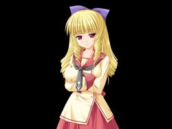  1girl 2000s_(style) arms_under_breasts black_background blonde_hair blunt_bangs bow breasts closed_mouth collarbone cowboy_shot crossed_arms drill_hair drill_sidelocks game_cg grey_neckerchief hair_bow half-closed_eyes honoo_no_haramase_tenkousei huge_breasts long_hair long_sleeves looking_at_viewer miyasu_risa neckerchief purple_bow red_eyes red_sailor_collar ryuugasaki_reika sailor_collar sailor_shirt school_uniform serafuku shirt sidelocks simple_background skirt solo standing tachi-e twin_drills variant_set very_long_hair yellow_serafuku 