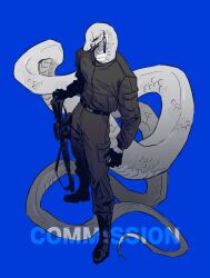  1boy blue_background blue_eyes boots boss_00 colored_sclera colored_skin commentary_request commission forked_tongue furry furry_male grey_scales grey_sclera grey_skin gun highres holding holding_gun holding_weapon korean_commentary licking_lips male_focus original scar scar_across_eye scar_on_face simple_background snake_boy solo standing tongue tongue_out very_long_tail weapon 
