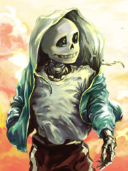  1boy 2019 2d aoimomushi black_shorts blue_jacket commentary digital_media drawstring english_commentary grey_hood hand_in_pocket hollow_eyes hood hood_up hooded_jacket humanoid jacket looking_away male male_focus male_only monster monster_boy open_clothes open_jacket orange_background sans_(undertale) shirt shorts simple_background single_vertical_stripe skeleton solo striped_shorts tears teeth undead undertale utdr_(toby_fox) vertical-striped_clothes vertical-striped_shorts white_shirt white_stripes 