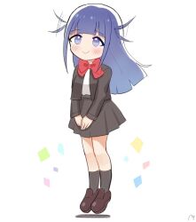  1girl afterimage blue_eyes blue_hair blunt_bangs blush bow bowtie brown_shoes c: closed_mouth collared_shirt commentary diamond_(shape) expressive_hair floating full_body grey_jacket grey_skirt grey_socks hair_wagging jacket kneehighs loafers long_hair long_sleeves looking_ahead miniskirt motion_lines open_clothes open_jacket own_hands_together pleated_skirt qi'e_(penguin) red_bow red_bowtie school_uniform seishou_music_academy_uniform shirt shirt_tucked_in shoes shoujo_kageki_revue_starlight sidelocks skirt smile socks solo tsuyuzaki_mahiru v_arms white_background white_shirt 