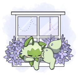  absurdres animal_focus blush cat closed_eyes closed_mouth fangs flower green_fur highres no_humans pokemon pokemon_(creature) pokemon_focus sevi_(seviyummy) sleeping smile sprigatito window 
