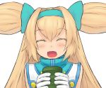  :d ^_^ blazblue blonde_hair chiwino closed_eyes cup eyes_closed hairband holding long_hair open_mouth platinum_the_trinity simple_background smile solo twintails white_background 