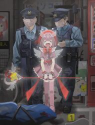  &gt;_&lt; 1girl 2boys absurdres arrest blood blood_on_weapon blood_splatter body_bag crime_scene crying cuffs death dress feathered_wings hair_intakes handcuffs highres holding holding_staff implied_murder japan_national_police magical_girl mask mouth_mask multiple_boys naaga_sonomono no_eyes open_mouth original pink_dress pink_hair pink_thighhighs police police_uniform policeman staff surgical_mask thigh-highs weapon wings 