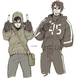  2boys afraid_of_monsters bag beard black_eyes black_gloves black_hoodie bloodshot_eyes brown_hair cigarette clothes_writing cry_of_fear david_leatherhoff double_middle_finger facial_hair fingerless_gloves gloves grey_hoodie grin hand_in_pocket hood hood_down hoodie in-franchise_crossover looking_at_viewer male_focus middle_finger multiple_boys serious short_hair shoulder_bag simon_henriksson skeltrr smile smirk striped_clothes striped_hoodie turtleneck v 