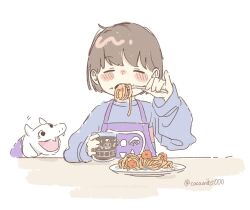  1other 2023 2d ambiguous_gender apron artist_name blue_shirt brown_hair cacaonibs00 character_object character_print child cup delta_rune_(symbol) delta_rune_print digital_media eating food frisk_(undertale) holding holding_fork horizontal-striped_clothes human mug other_focus pasta pink_stripes pinky_out plate purple_apron shirt short_hair simple_background solo spaghetti striped_clothes striped_shirt twitter_username two-tone_shirt undertale upper_body utdr_(toby_fox) white_background 