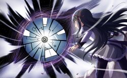  1girl akemi_homura argyle_clothes argyle_pantyhose artist_request back_bow black_capelet black_hair black_pantyhose bow bowtie capelet collared_capelet cowboy_shot debris determined dress eyelashes floating_clothes floating_hair frilled_skirt frills from_behind game_cg gem grey_capelet grey_eyes grey_skirt hair_ribbon hairband hand_jewel high_collar highres jitome layered_sleeves light_blush long_hair long_sleeves looking_at_object magic magical_girl mahou_shoujo_madoka_magica mahou_shoujo_madoka_magica_(anime) mahou_shoujo_madoka_magica_magia_exedra miniskirt official_art open_mouth pantyhose pleated_skirt pointy_nose purple_bow purple_bowtie purple_gemstone red_hairband red_ribbon ribbon shield short_dress skirt smoke solo space standing two-tone_capelet v-shaped_eyebrows very_long_hair white_dress 