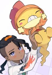  +_+ 1boy absurdres arms_up black_hair blush closed_mouth clothed_pokemon commentary_request furukawa_raku highres holding holding_pokemon jacket long_hair long_sleeves looking_up male_focus naveen_(pokemon) pokemon pokemon_(creature) pokemon_legends:_z-a scraggy sparkle undercut white_jacket 