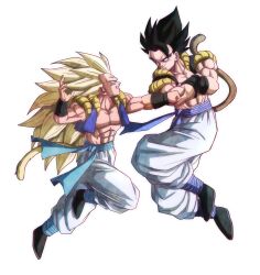  2boys absurdres aged_up beatlo_(rodrigo38658978) black_eyes black_hair black_vest blonde_hair brown_tail clenched_hand cropped_vest crossed_arms dragon_ball dragon_ball_super dragon_ball_super_broly dragon_ball_z father_and_son full_body gogeta gotenks highres long_hair medium_hair metamoran_vest monkey_tail multiple_boys muscular muscular_male no_eyebrows no_shirt open_clothes open_vest pants punching simple_background smirk spiky_hair super_saiyan super_saiyan_3 tail vest white_background white_pants yellow_tail 