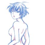  back bare_shoulders blue_eyes blue_hair breasts from_behind lips looking_at_viewer looking_back marmaidtrap persona persona_4 shirogane_naoto sideboob solo 