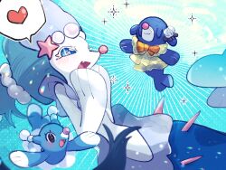  +_+ 1girl :3 :d black_eyes blue_background blue_eyes blue_fur blue_hair bow bowtie brionne closed_eyes clothed_pokemon colored_eyelashes dress evolutionary_line fang flower furry furry_female gem hair_flower hair_ornament heart long_hair looking_at_another mermaid monster_girl multi-tied_hair open_mouth orange_bow orange_bowtie pearl_(gemstone) pearl_hair_ornament pink_nose pokemon pokemon_(creature) popplio primarina rose sea_lion simple_background smile snout spoken_heart sstoh starfish_hair_ornament white_flower white_fur white_rose yellow_dress 